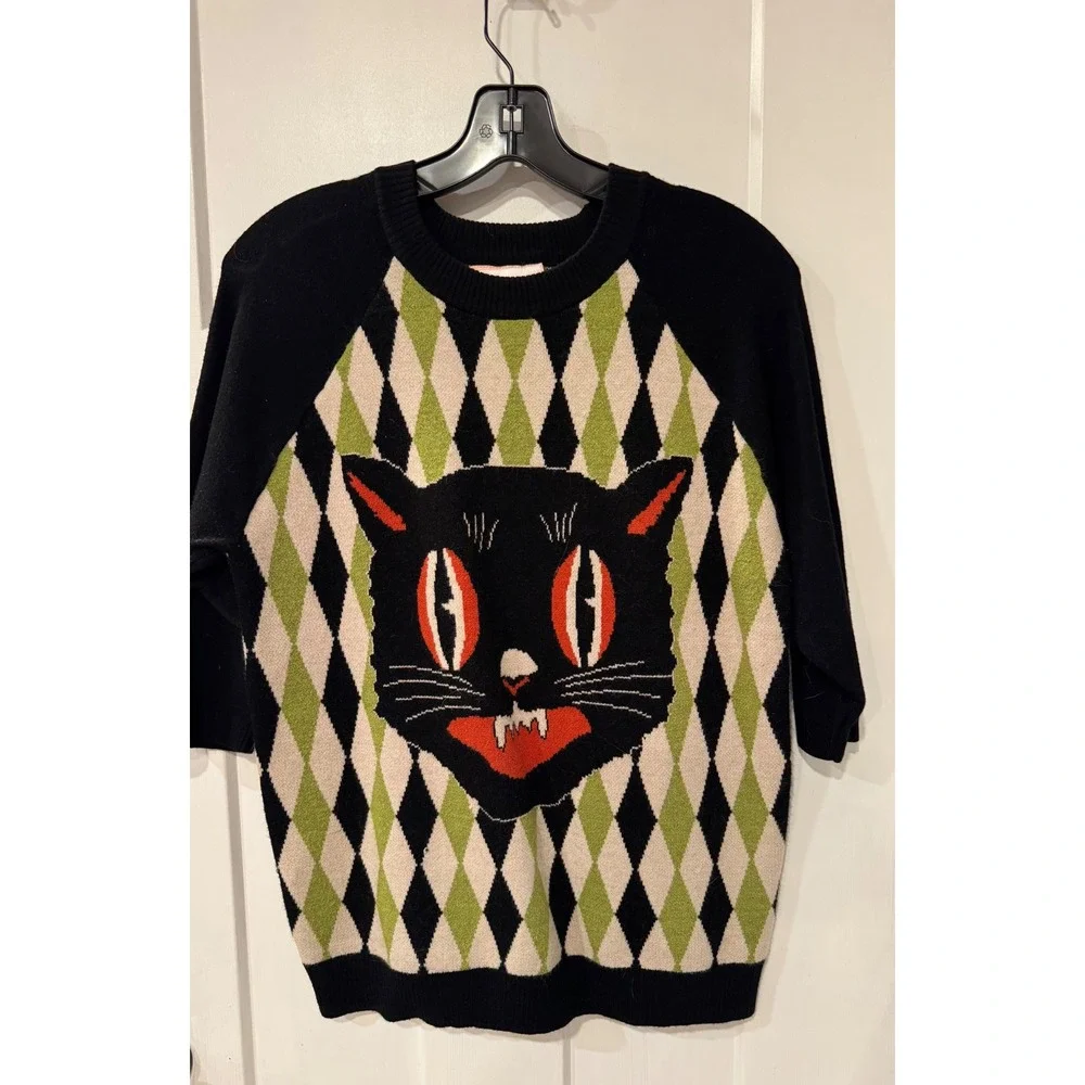 The Oblong Box Shop Black Cat Argyle Sweater XL Green Black Retro Rockabilly
